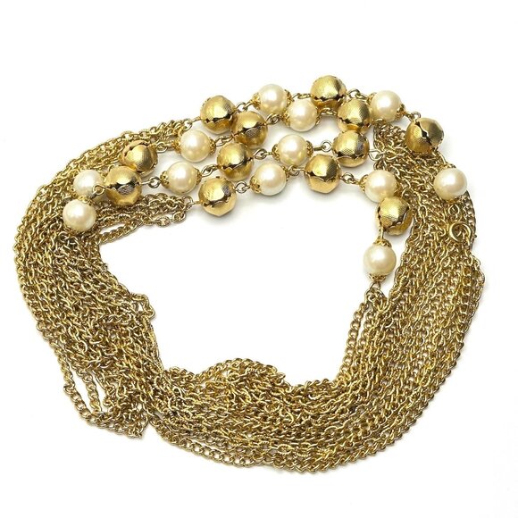Vintage 1980s Goldtone Station Necklace—50" Pearl & Textured Gold Beads — EUC - Picture 2 of 8